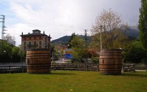 two large wooden barrels on lawn in countryside at fall, spain, besain