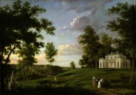 family on walk path at mansion in countryside, thomas birch’s painting