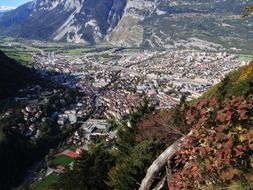 scenic top view of city in valley, switzerland, Graubunden, chur