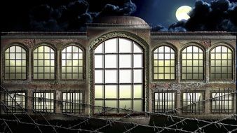 barbed wire in front of illuminated facade at full moon night, rendering