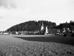 field and village at forest, austria, st michael