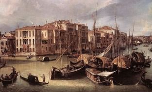 painting of ships and boats on water at city by giovanni canaletto