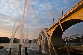 fountain and bridge at evening, usa, tennessee, chattanooga