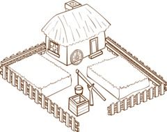 medieval farm, fenced house and well, illustration