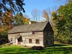 wethered log cabin in forest at autumn, usa, pennsylvania