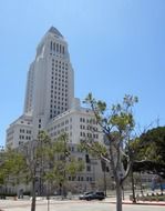 los angeles city hall building on street, usa, california