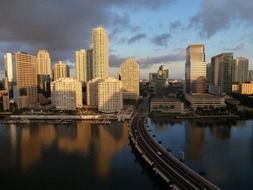 evening skyline of city at ocean, usa, florida, miami