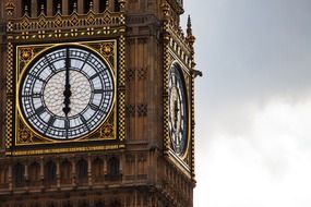 clocks on big ben tower at clouds, uk, england, london