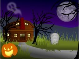 pumpkin at road in front of haunted house, halloween illustration