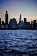 evening skyline of city at lake, usa, illinois, chicago