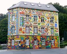 colorful painted Fischer-Art-Haus, germany, sebnitz