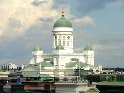 domes of Finnish Evangelical Lutheran cathedral at sky, finland cat, helsinki