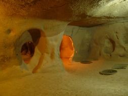 hiding place in underground city, turkey, cappadocia