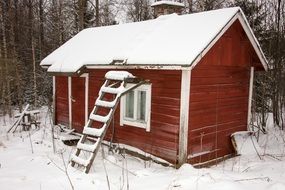 red wooden cabin in snowy forest