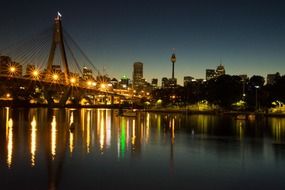 cityscape with illuminated bridge, glebe point at dawn, australia, sydney