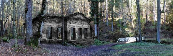 panoramic picture of a destroyed house in a forest