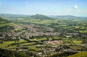 aerial view of scenic countryside and city at skirrid mountain, uk, wales