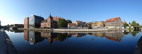 aged and modern buildings on waterfront, poland, bydgoszcz