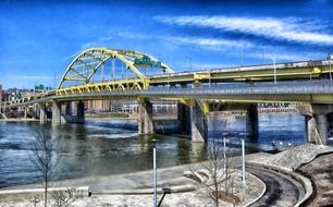 steel arched Fort Pitt Bridge across Monongahela River at city, usa, pennsylvania