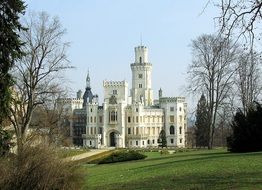 beautiful white castle in park at spring, czech, Hluboka Nad Vltavou