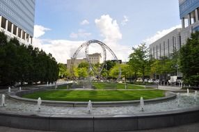 fountain and modern art object in city, germany, frankfurt