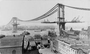 oldtime view of suspension manhattan bridge under construction, usa, new york city