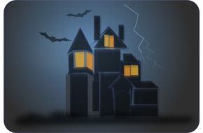 bats in dark sky at haunted house with the lights, halloween illustration