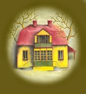 yellow haunted house with red roof, illustration