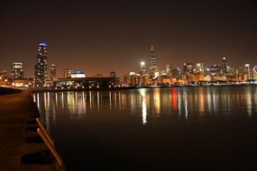 distant view of chicago night on lake michigan