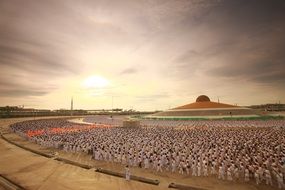 hundreds of monks in wat phra dhammakaya temple in thailand