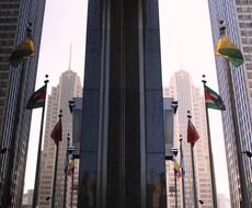 flags near nbc tower in downtown, usa, illinois, chicago