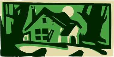 drawing of a house with trees on a green background