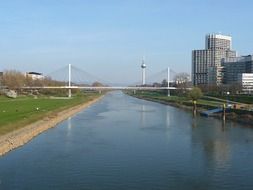 panorama of the river, bridge and television tower in Mannheim, Germany