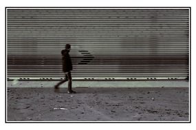 man walking along fence