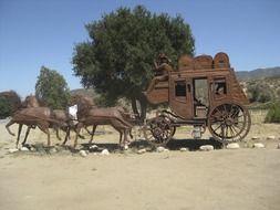 sculpture of horses and vintage wagon