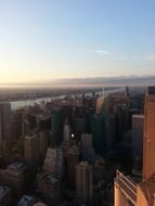 skyline of city at sunset, top view, usa, nyc
