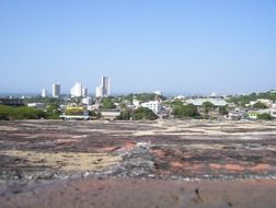 In the distance a buildings in Cartagena, Colombia