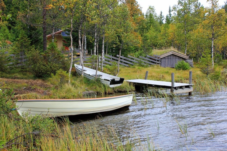 autumn norway lake water boats pier