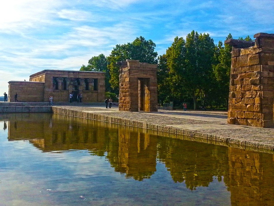 ancient egyptian Temple of Debod at water, italy, milan