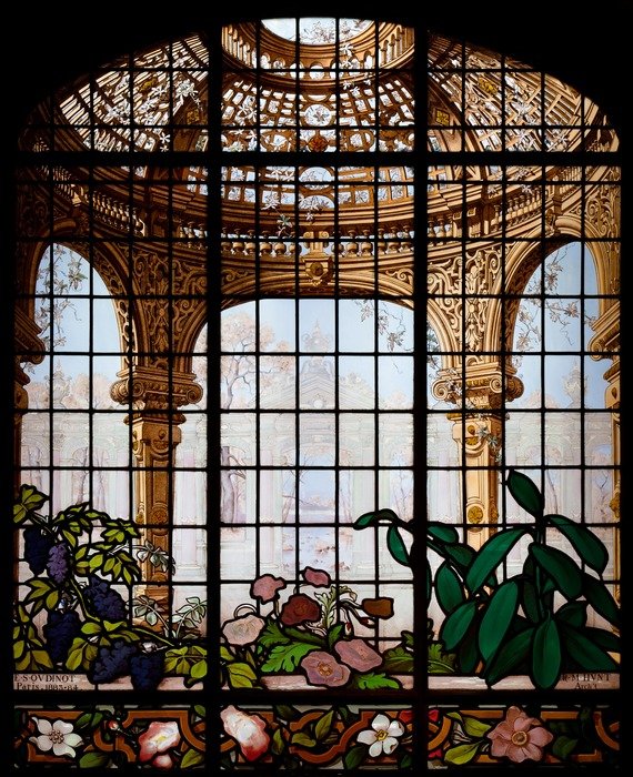 beautiful stained glass window of henry g marquand house, usa, manhattan, new york city