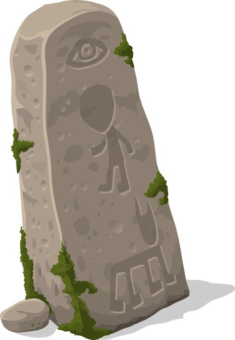 mossy stone with ancient carving, illustration