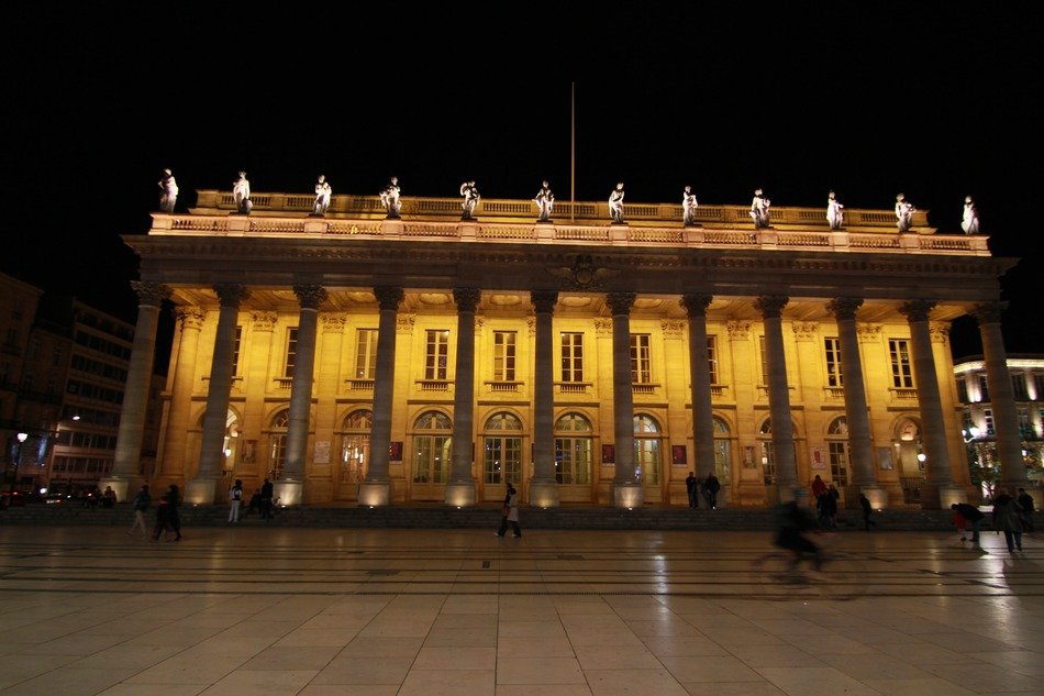 building with columnar at night, france, bordeaux