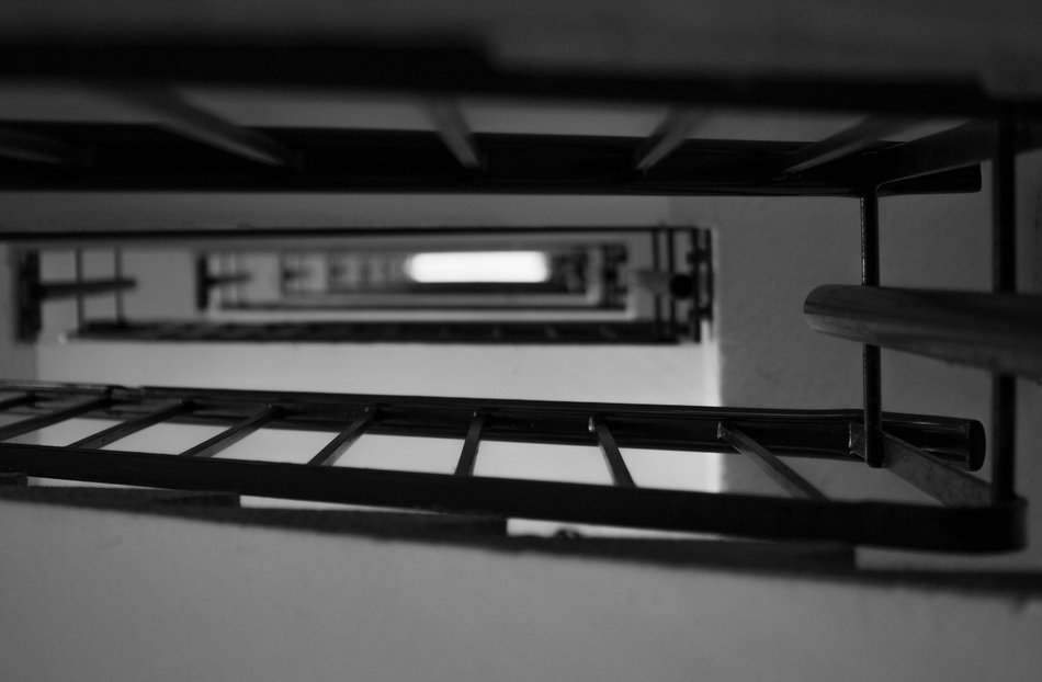 staircase on black and white photo
