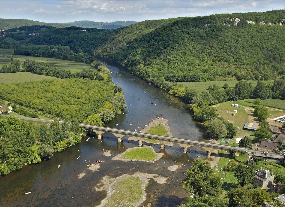 aerial view of dordogne river in summer countryside, france