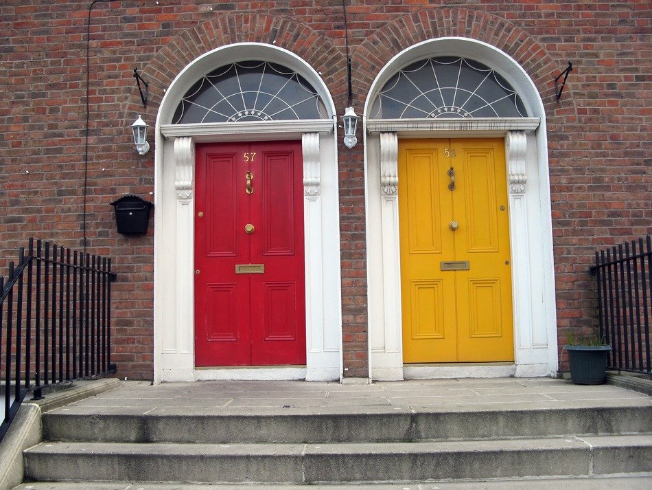 red and yellow vintage door, uk, ireland