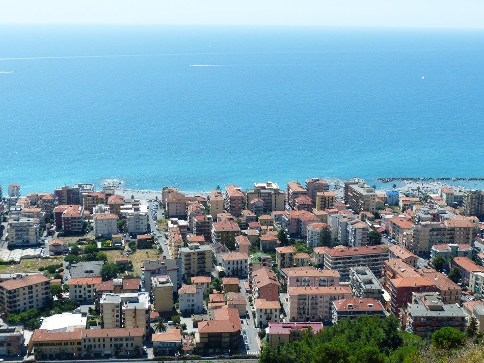 top view of of town at blue sea, italy, ventimiglia