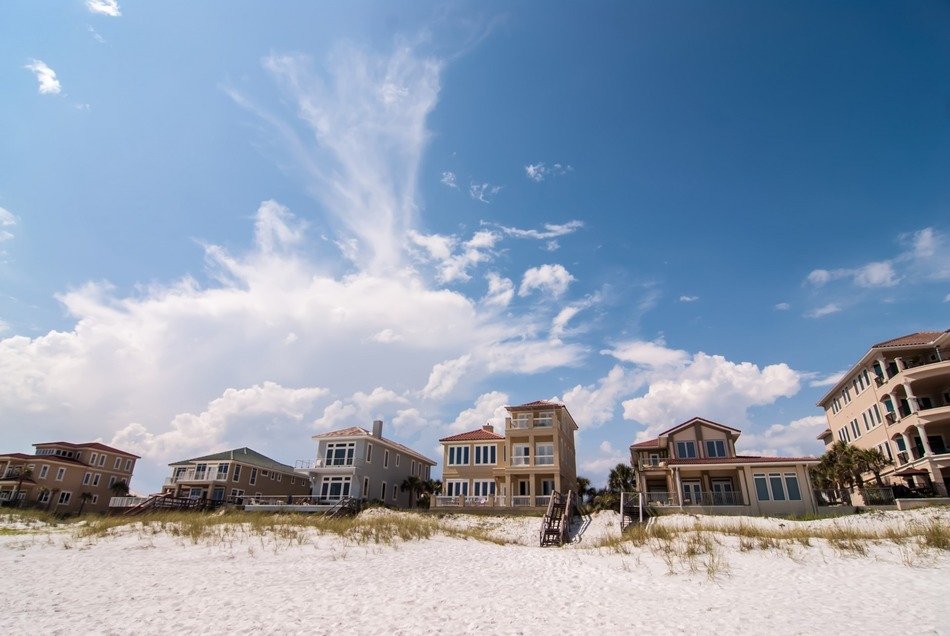 houses on sand beach at sky, usa, florida, gulf of mexico, okaloosa