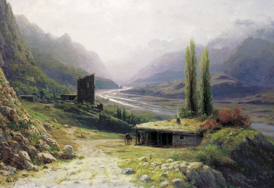 farm in Beautiful valley, old time painting