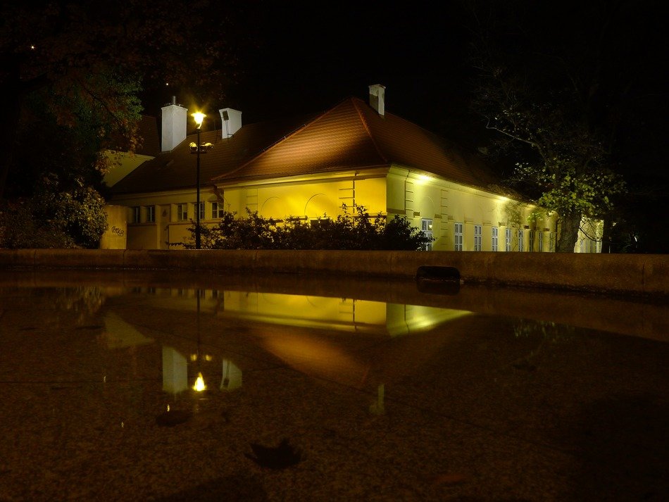 old building with tile roof mirroring on pond at night, czech, prague