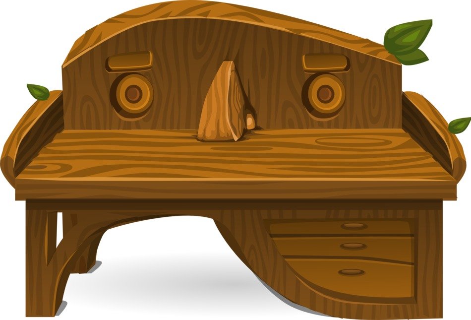 wooden furniture, desk with storage, illustration